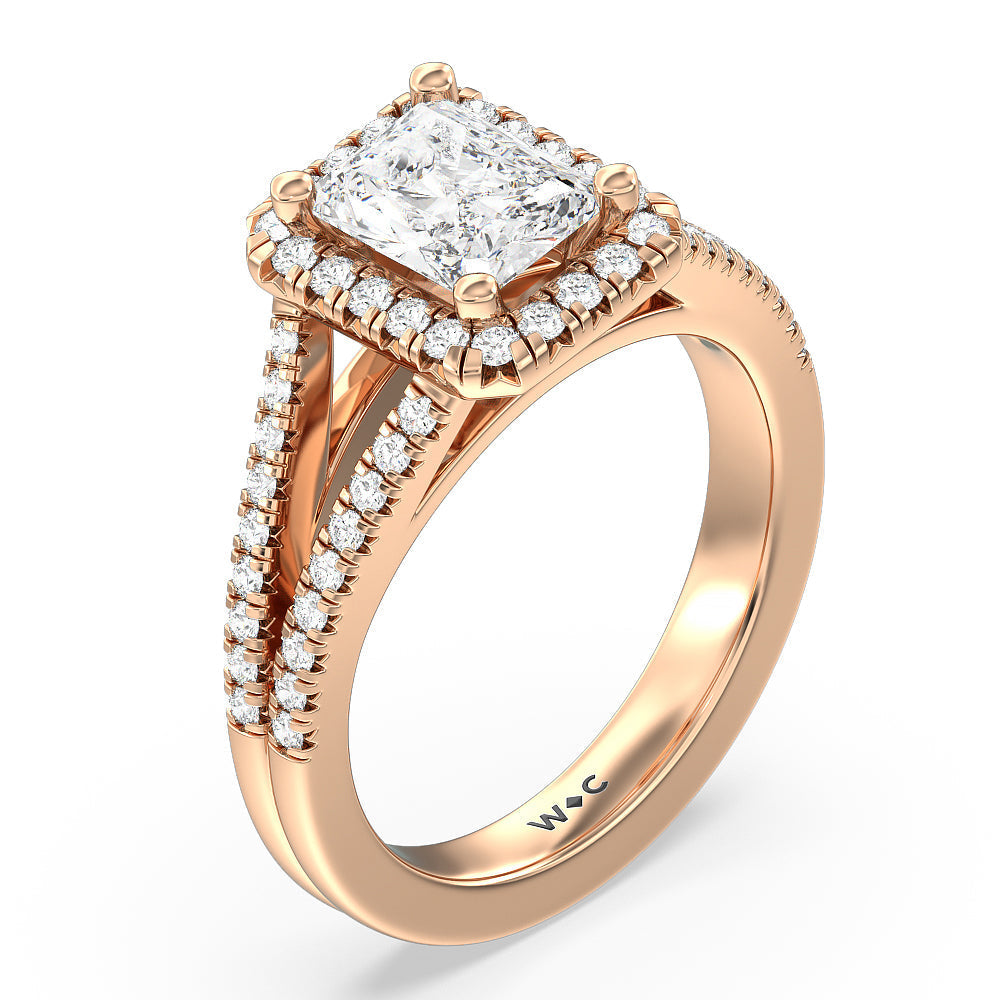 Radiant Cut Split Shank French Halo Diamond Engagement Ring with Lab Grown Diamond in 14KT Rose Gold view 3
