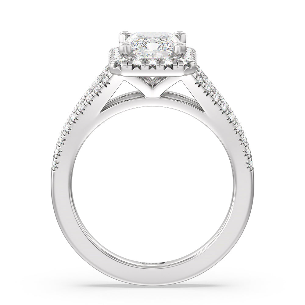 Radiant Cut Split Shank French Halo Diamond Engagement Ring with Lab Grown Diamond in 14KT Platinum view 2
