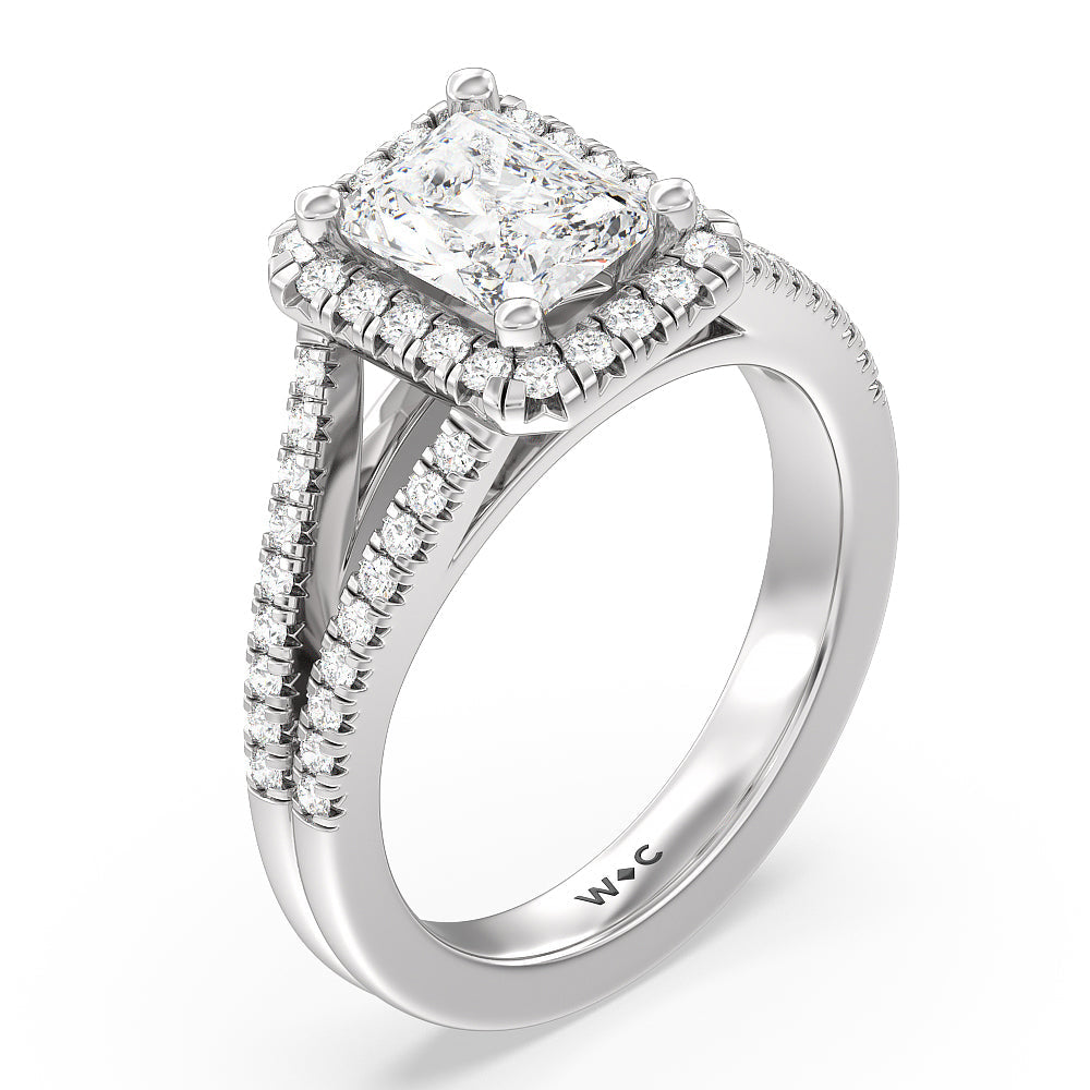 Radiant Cut Split Shank French Halo Diamond Engagement Ring with Lab Grown Diamond in 14KT Platinum view 3

