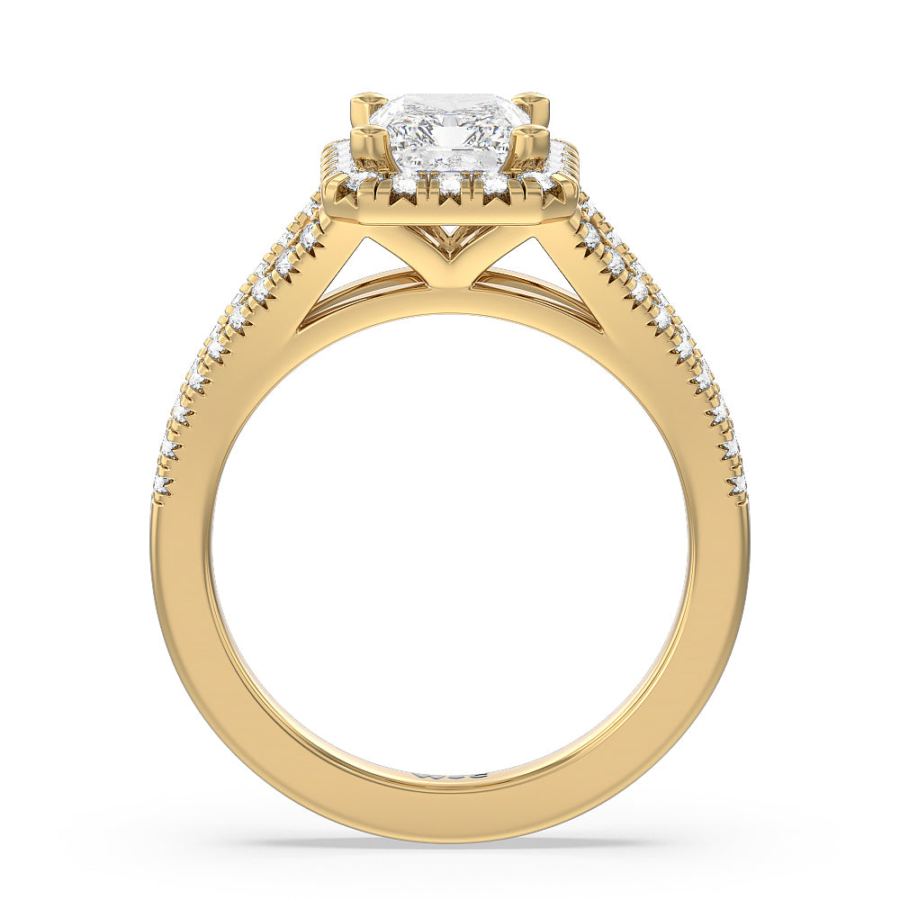 Radiant Cut Split Shank French Halo Diamond Engagement Ring with Lab Grown Diamond in 14KT Yellow Gold view 2
