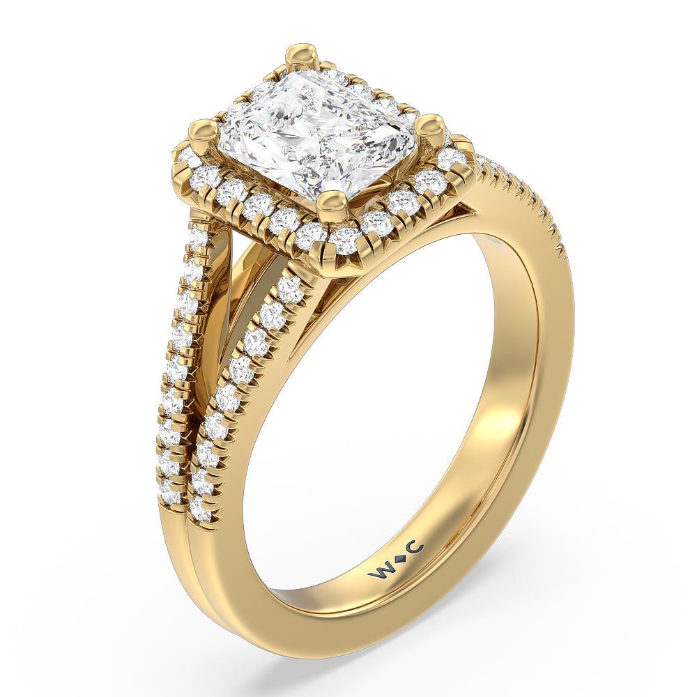 Radiant Cut Split Shank French Halo Diamond Engagement Ring with Lab Grown Diamond in 14KT Yellow Gold view 3
