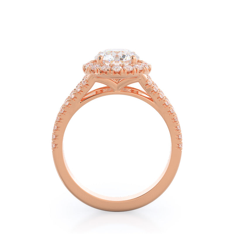 Round Cut Split Shank French Halo Diamond Engagement Ring with Lab Grown Diamond in 14KT Rose Gold view 2
