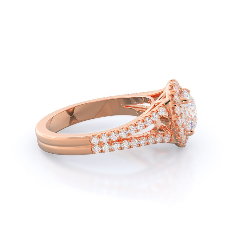 Round Cut Split Shank French Halo Diamond Engagement Ring with Lab Grown Diamond in 14KT Rose Gold view 3
