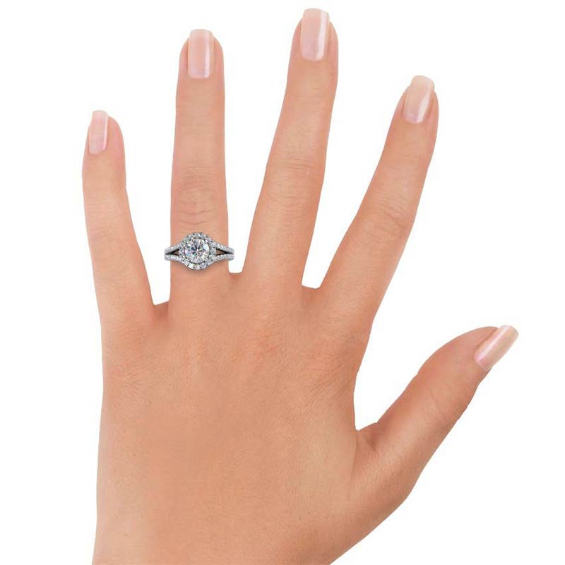 Round Cut Split Shank French Halo Diamond Engagement Ring with Lab Grown Diamond in 14KT Platinum view 4
