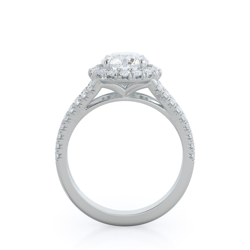 Round Cut Split Shank French Halo Diamond Engagement Ring with Lab Grown Diamond in 14KT Platinum view 2
