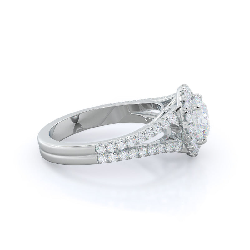 Round Cut Split Shank French Halo Diamond Engagement Ring with Lab Grown Diamond in 14KT Platinum view 3
