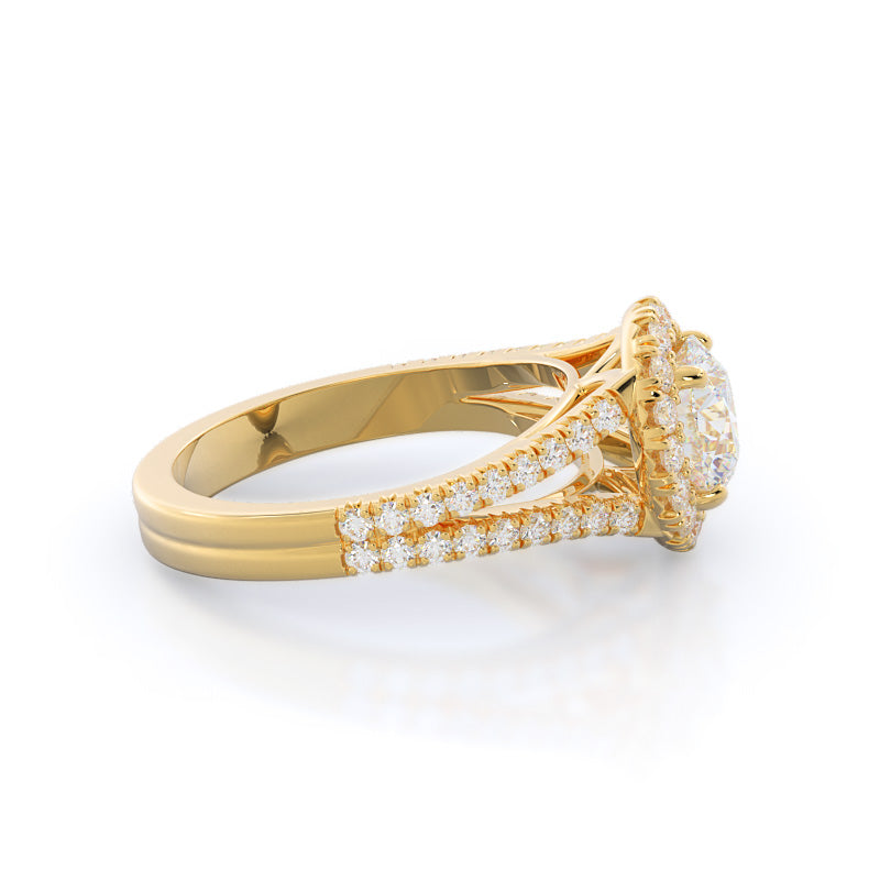 Round Cut Split Shank French Halo Diamond Engagement Ring with Lab Grown Diamond in 14KT Yellow Gold view 3
