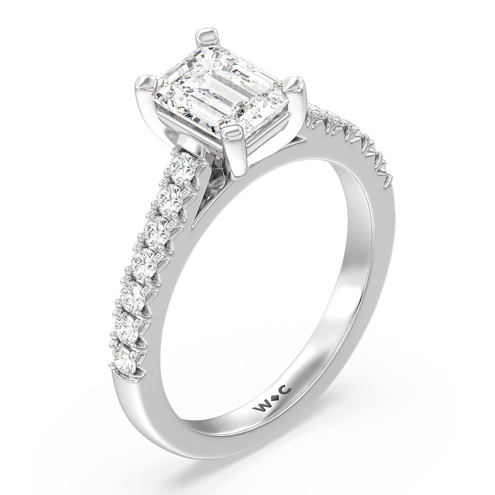 French Basket Pave Diamond Engagement Ring with Emerald Cut Diamond in 14KT Platinum view 3
