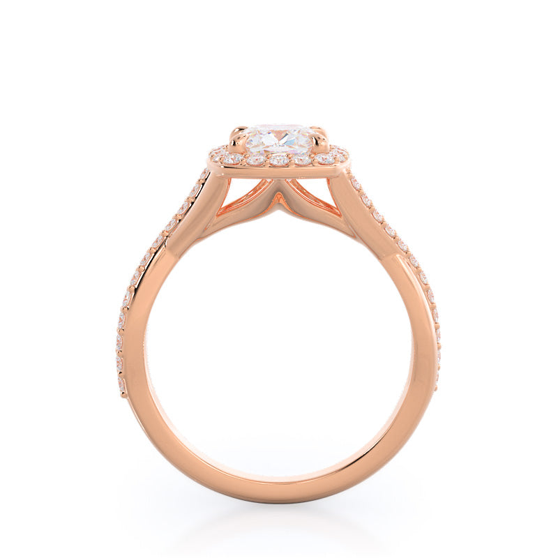 Cushion Cut Swaying Split Shank Halo Diamond Engagement Ring with Lab Grown Diamond in 14KT Rose Gold view 2
