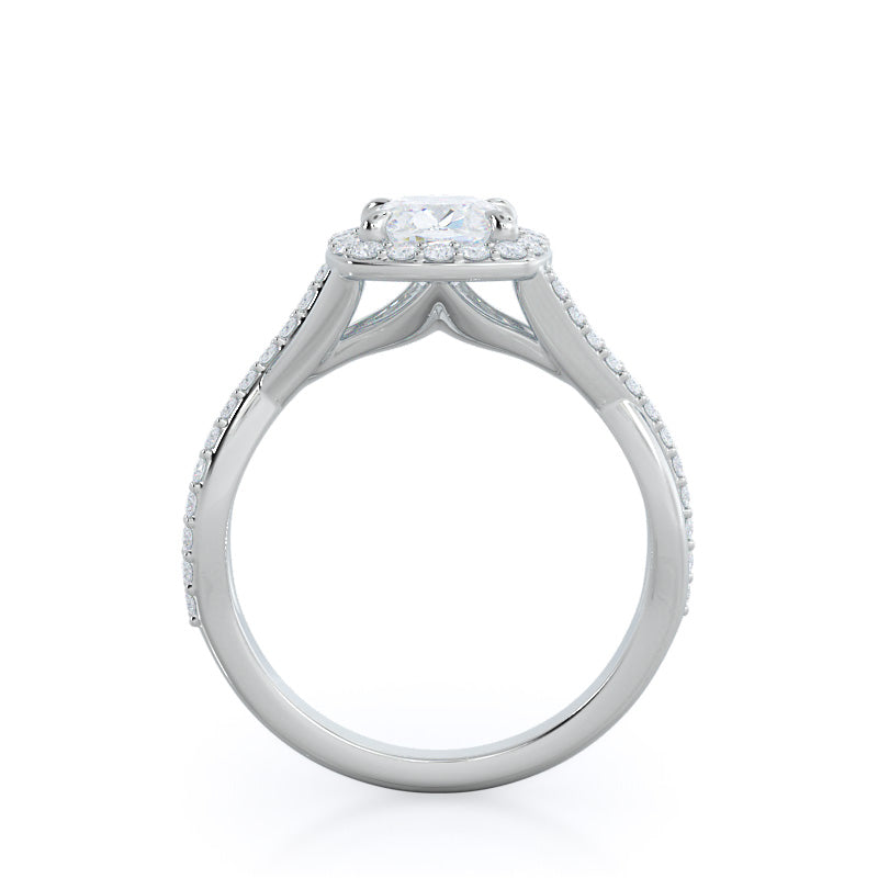 Cushion Cut Swaying Split Shank Halo Diamond Engagement Ring with Lab Grown Diamond in 14KT Platinum view 2
