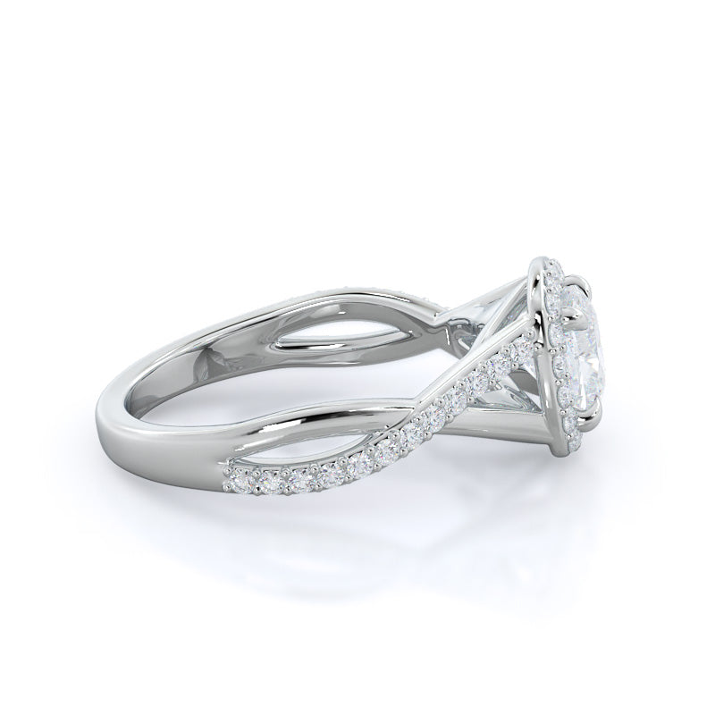 Cushion Cut Swaying Split Shank Halo Diamond Engagement Ring with Lab Grown Diamond in 14KT Platinum view 3
