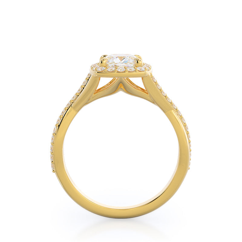 Cushion Cut Swaying Split Shank Halo Diamond Engagement Ring with Lab Grown Diamond in 14KT Yellow Gold view 2
