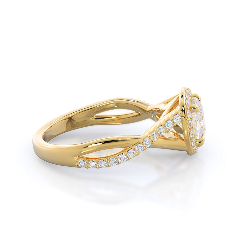 Cushion Cut Swaying Split Shank Halo Diamond Engagement Ring with Lab Grown Diamond in 14KT Yellow Gold view 3
