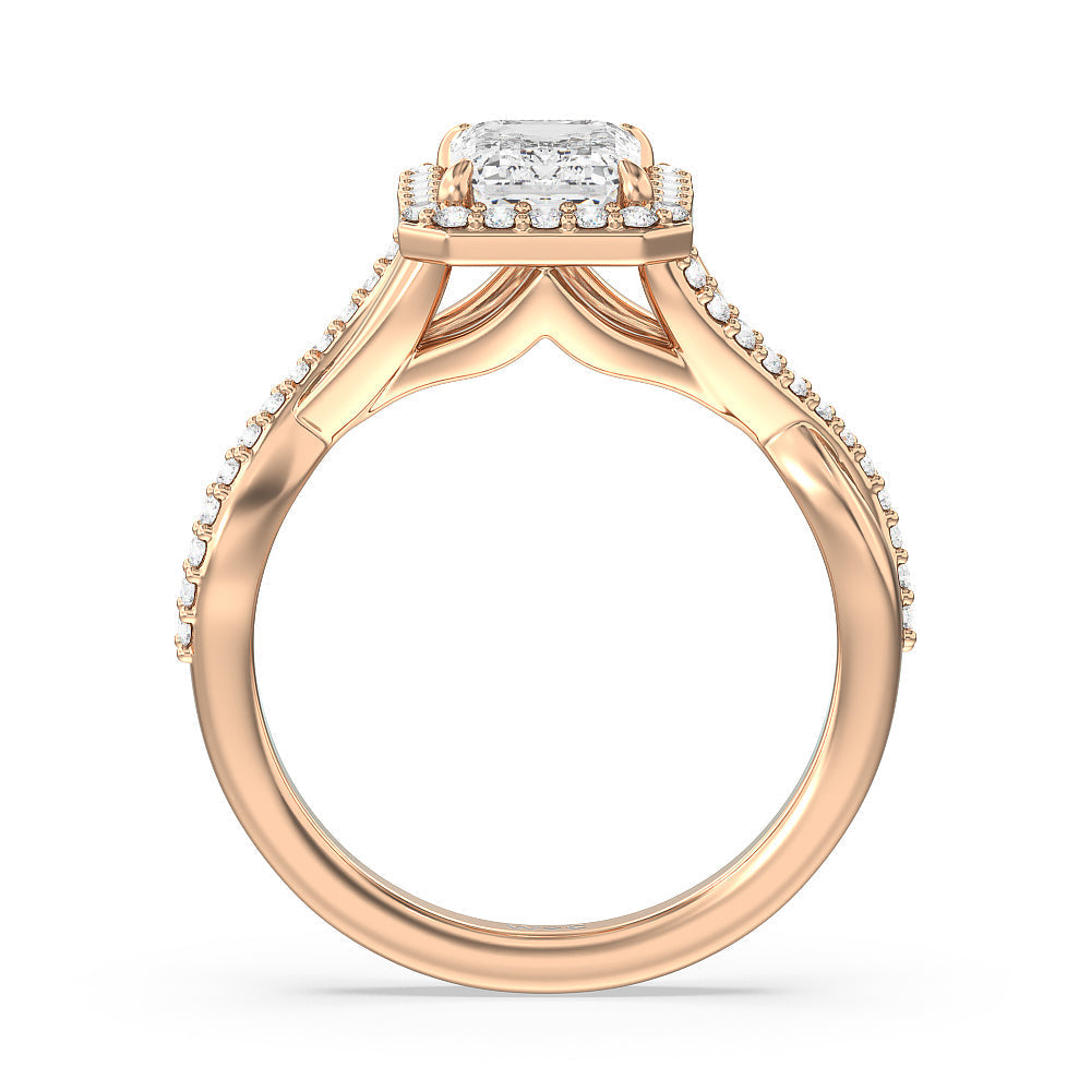 Emerald Cut Swaying Split Shank Halo Diamond Engagement Ring with Lab Grown Diamond in 14KT Rose Gold view 2
