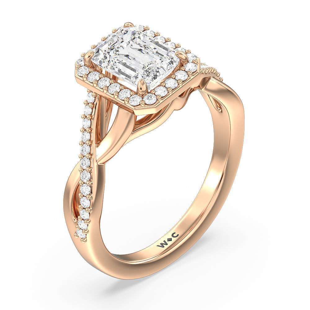 Emerald Cut Swaying Split Shank Halo Diamond Engagement Ring with Lab Grown Diamond in 14KT Rose Gold view 3

