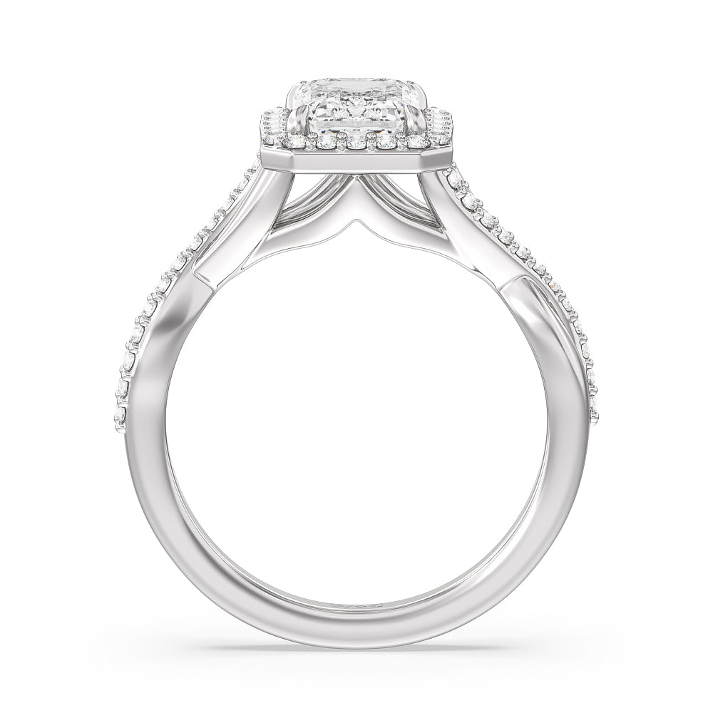 Emerald Cut Swaying Split Shank Halo Diamond Engagement Ring with Lab Grown Diamond in 14KT Platinum view 2
