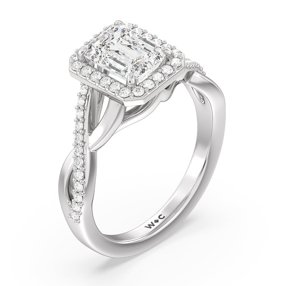 Emerald Cut Swaying Split Shank Halo Diamond Engagement Ring with Lab Grown Diamond in 14KT Platinum view 3
