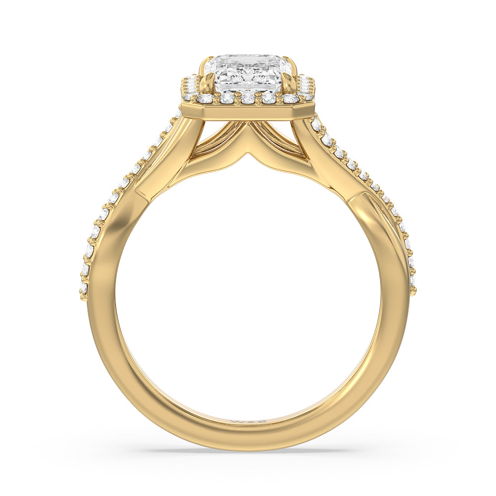 Emerald Cut Swaying Split Shank Halo Diamond Engagement Ring with Lab Grown Diamond in 14KT Yellow Gold view 2
