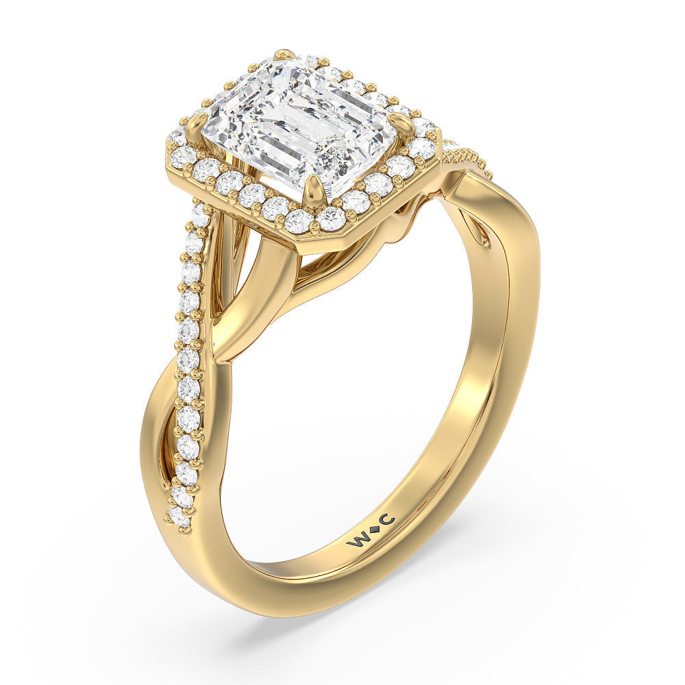 Emerald Cut Swaying Split Shank Halo Diamond Engagement Ring with Lab Grown Diamond in 14KT Yellow Gold view 3
