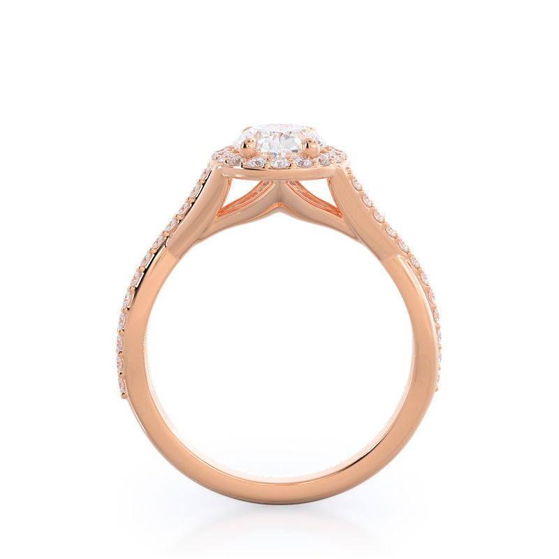 Oval Cut Swaying Split Shank Halo Diamond Engagement Ring with Lab Grown Diamond in 14KT Rose Gold view 2
