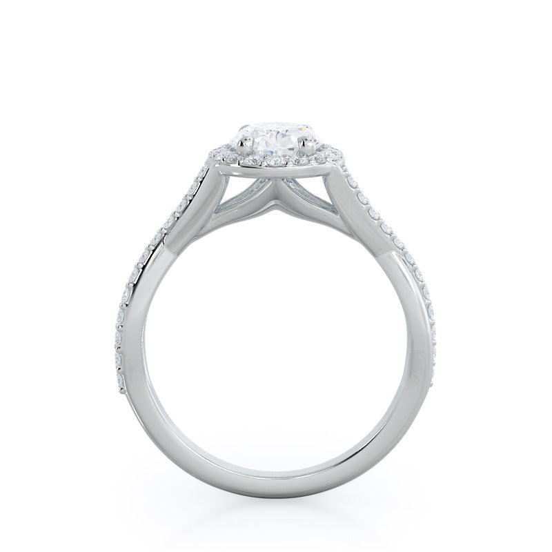 Oval Cut Swaying Split Shank Halo Diamond Engagement Ring with Lab Grown Diamond in 14KT Platinum view 2
