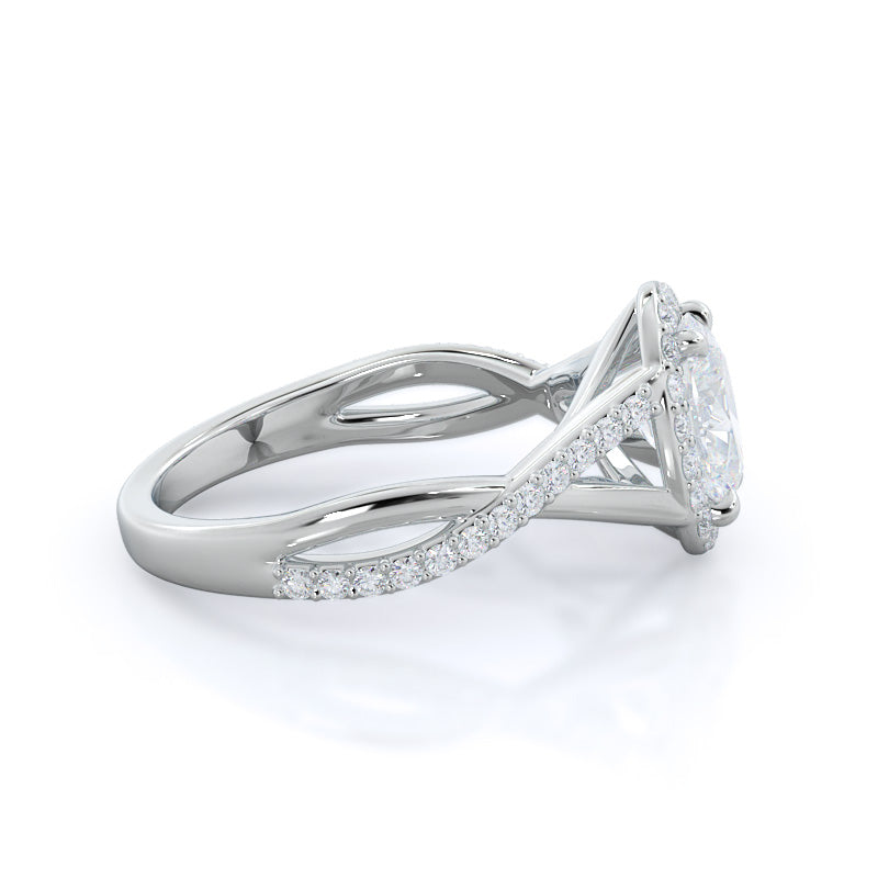 Oval Cut Swaying Split Shank Halo Diamond Engagement Ring with Lab Grown Diamond in 14KT Platinum view 3

