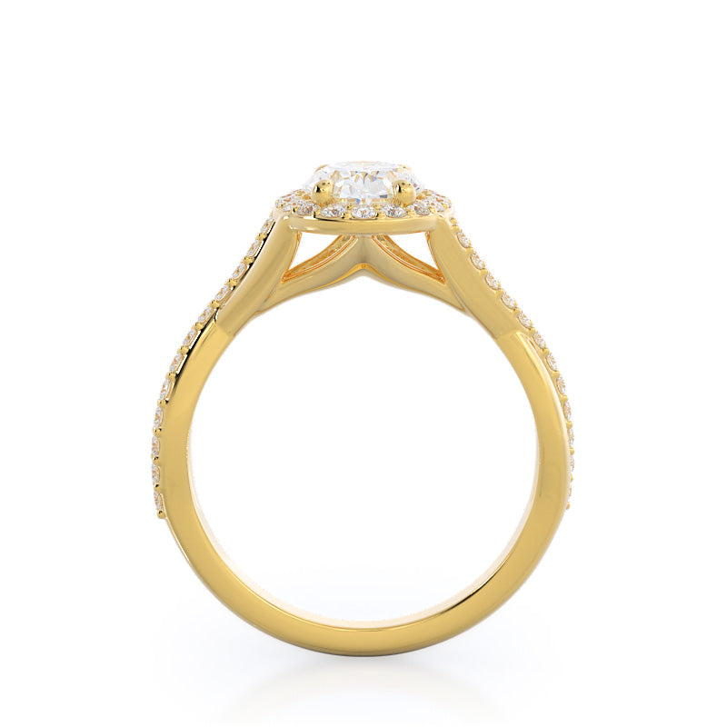 Oval Cut Swaying Split Shank Halo Diamond Engagement Ring with Lab Grown Diamond in 14KT Yellow Gold view 2
