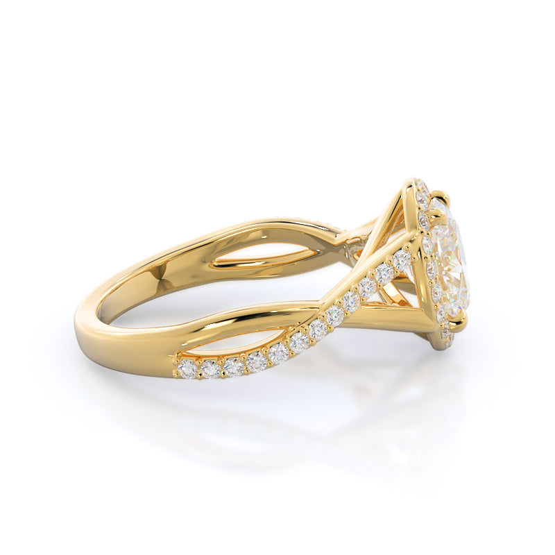 Oval Cut Swaying Split Shank Halo Diamond Engagement Ring with Lab Grown Diamond in 14KT Yellow Gold view 3
