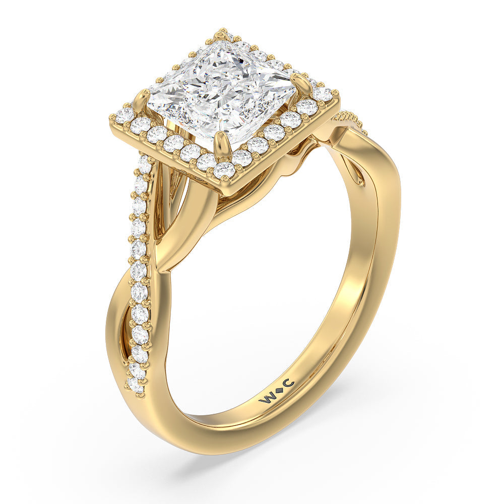 Princess Cut Swaying Split Shank Halo Diamond Engagement Ring with Lab Grown Diamond in 14KT Yellow Gold view 3

