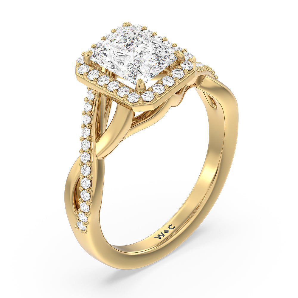 Radiant Cut Swaying Split Shank Halo Diamond Engagement Ring with Lab Grown Diamond in 14KT Yellow Gold view 3
