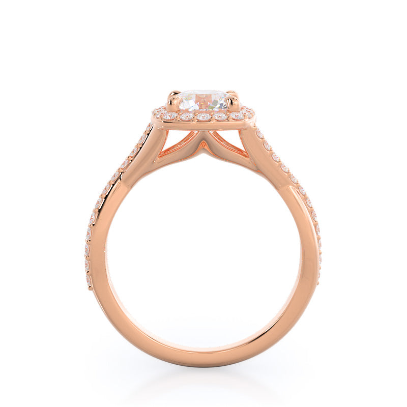 Round Cut Swaying Split Shank Halo Diamond Engagement Ring with Lab Grown Diamond in 14KT Rose Gold view 2

