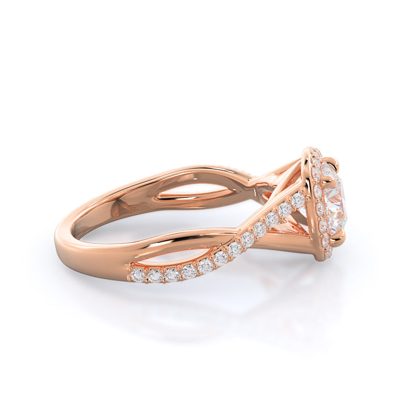 Round Cut Swaying Split Shank Halo Diamond Engagement Ring with Lab Grown Diamond in 14KT Rose Gold view 3
