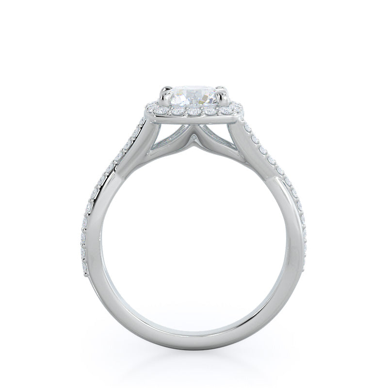 Round Cut Swaying Split Shank Halo Diamond Engagement Ring with Lab Grown Diamond in 14KT Platinum view 2
