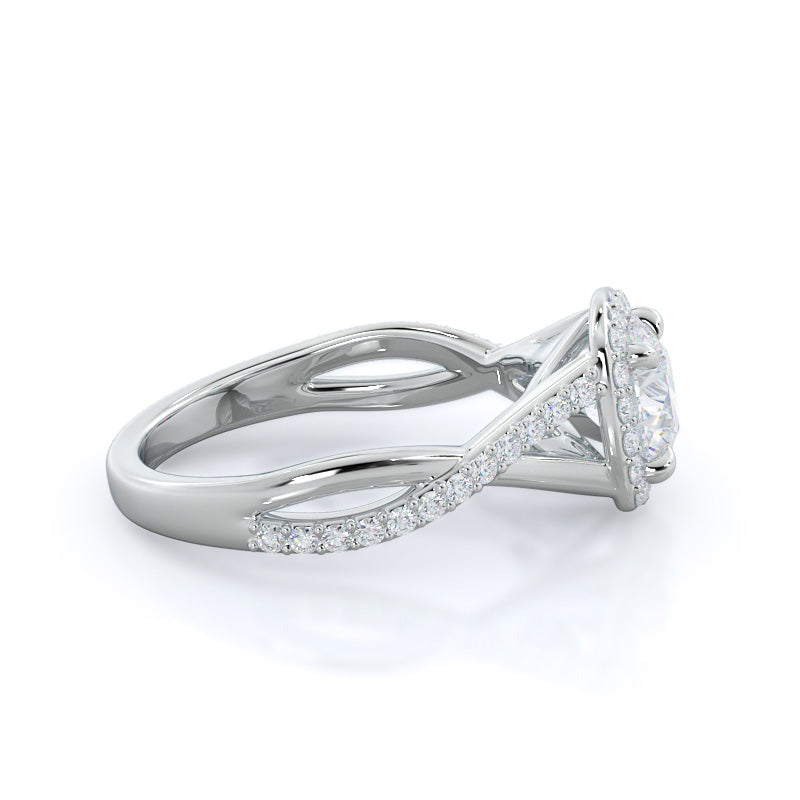 Round Cut Swaying Split Shank Halo Diamond Engagement Ring with Lab Grown Diamond in 14KT Platinum view 3
