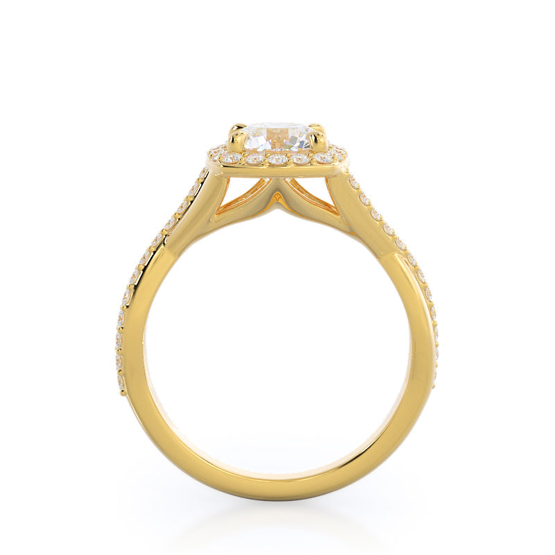 Round Cut Swaying Split Shank Halo Diamond Engagement Ring with Lab Grown Diamond in 14KT Yellow Gold view 2
