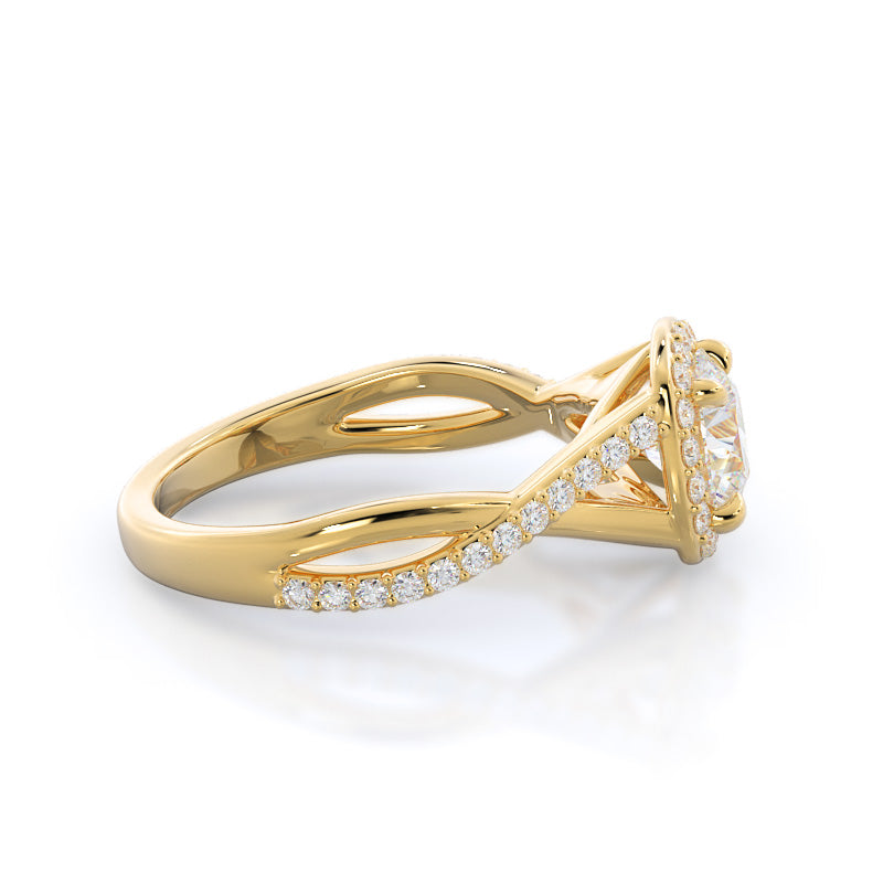Round Cut Swaying Split Shank Halo Diamond Engagement Ring with Lab Grown Diamond in 14KT Yellow Gold view 3
