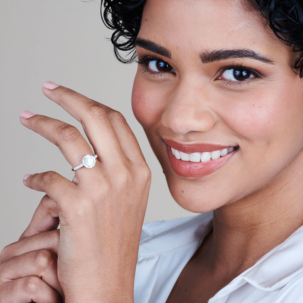 Model Wearing Cathedral Pave Halo Engagement Ring view