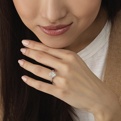 Model Wearing Cathedral Pave Halo Engagement Ring view