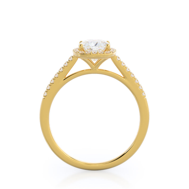Cathedral Pave Halo Engagement Ring with Cushion Cut Diamond in 14KT Yellow Gold view 2
