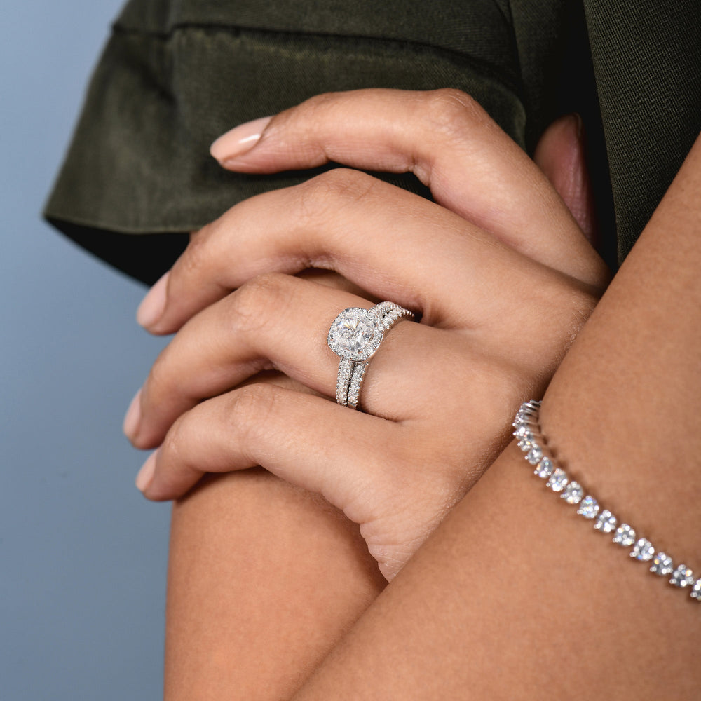Model Wearing Cathedral Pave Halo Engagement Ring view