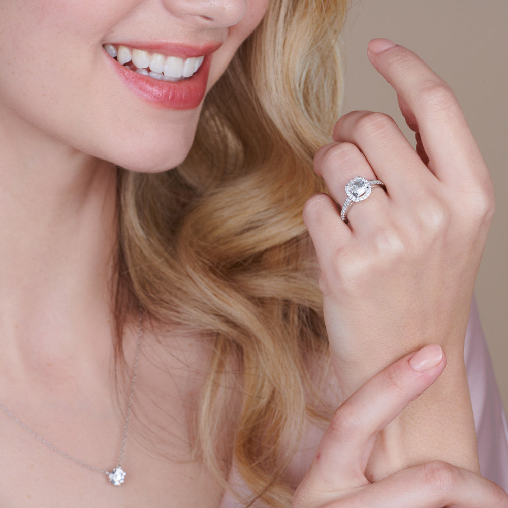 Model Wearing Cathedral Pave Halo Engagement Ring view
