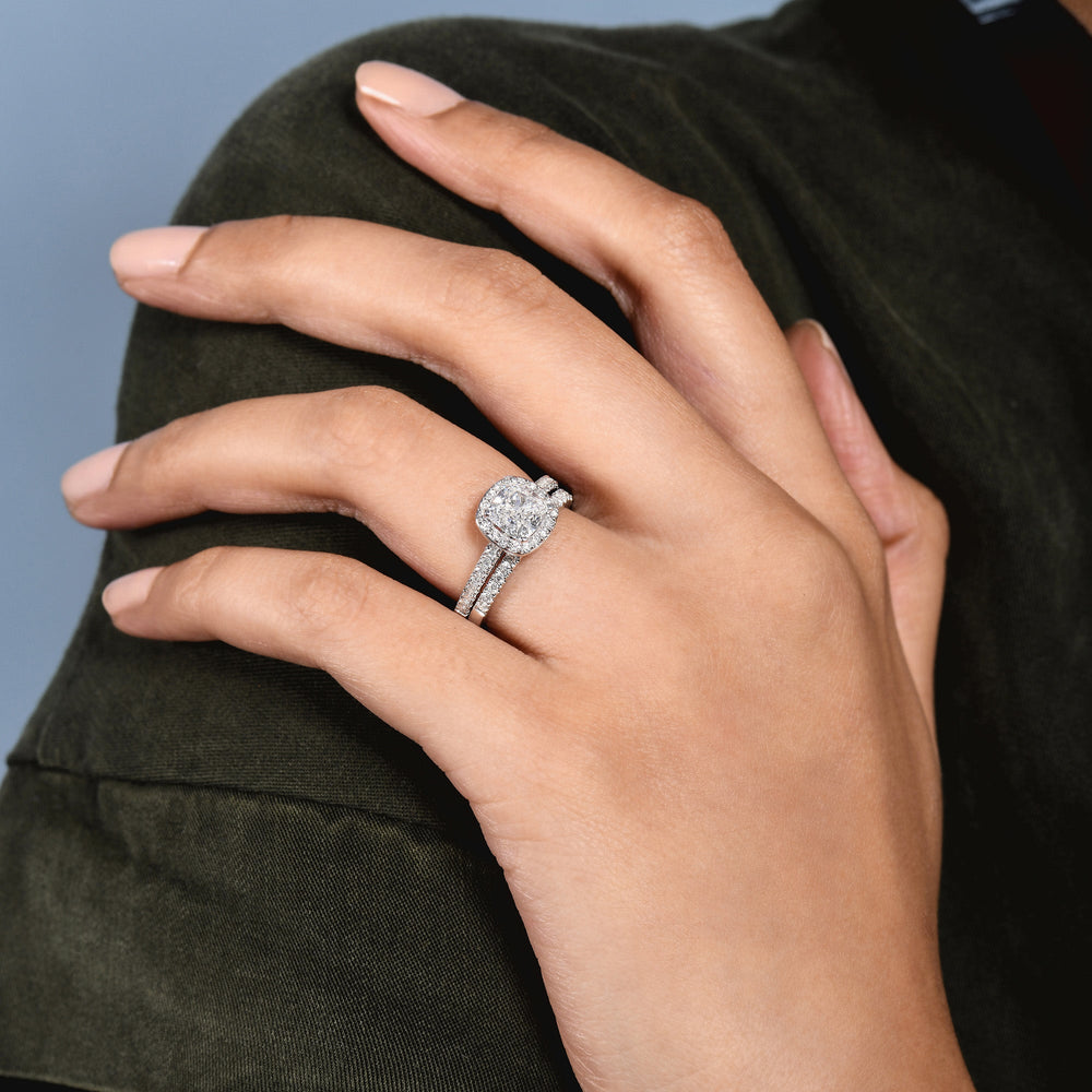 Model Wearing Cathedral Pave Halo Engagement Ring view