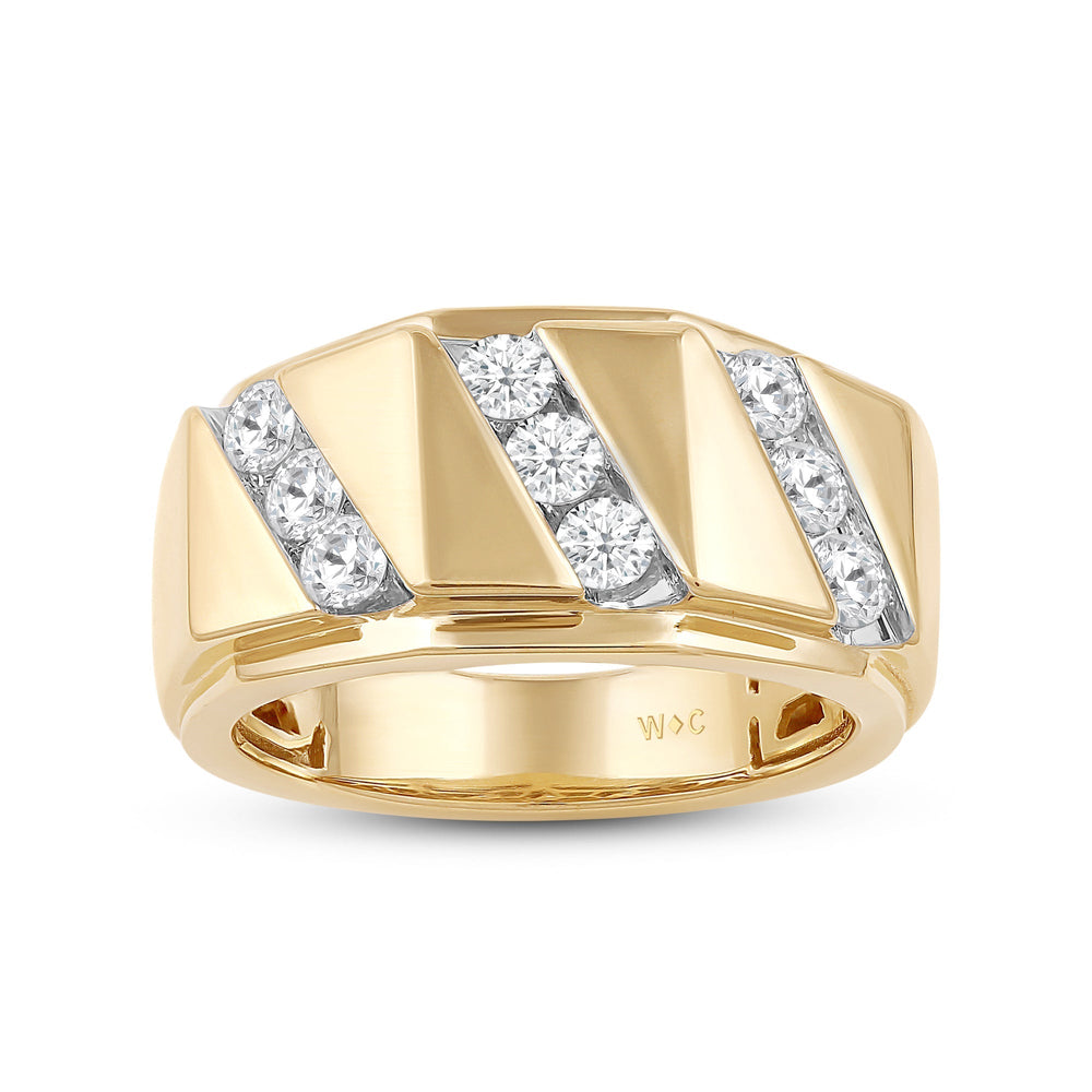 3 Row Channel Set Diamond Accent Mens' Ring with 18KT Yellow Gold / Lab / 1 Cut Diamond in 14KT Yellow Gold / Lab / 1 view 2
