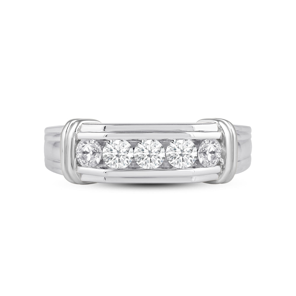 5 Stone Channel Set Ridged Diamond Mens' Ring with Jan Cut Diamond in 14KT Platinum / Lab / 02 view 1
