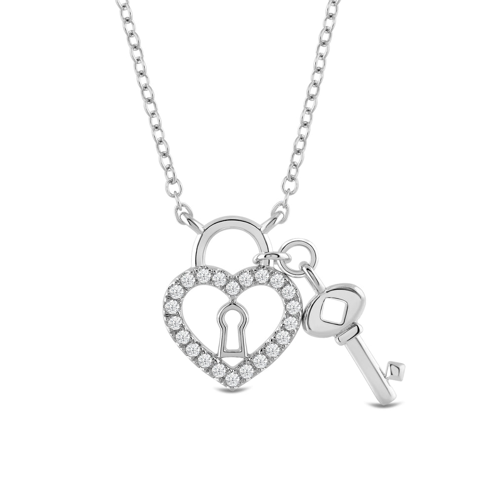 Petite Lab Created Diamond Heart & Key Necklace with 14KT White Gold / Lab / 1/8 Cut Diamond in 14KT White Gold / Lab / 1/8 view 3

