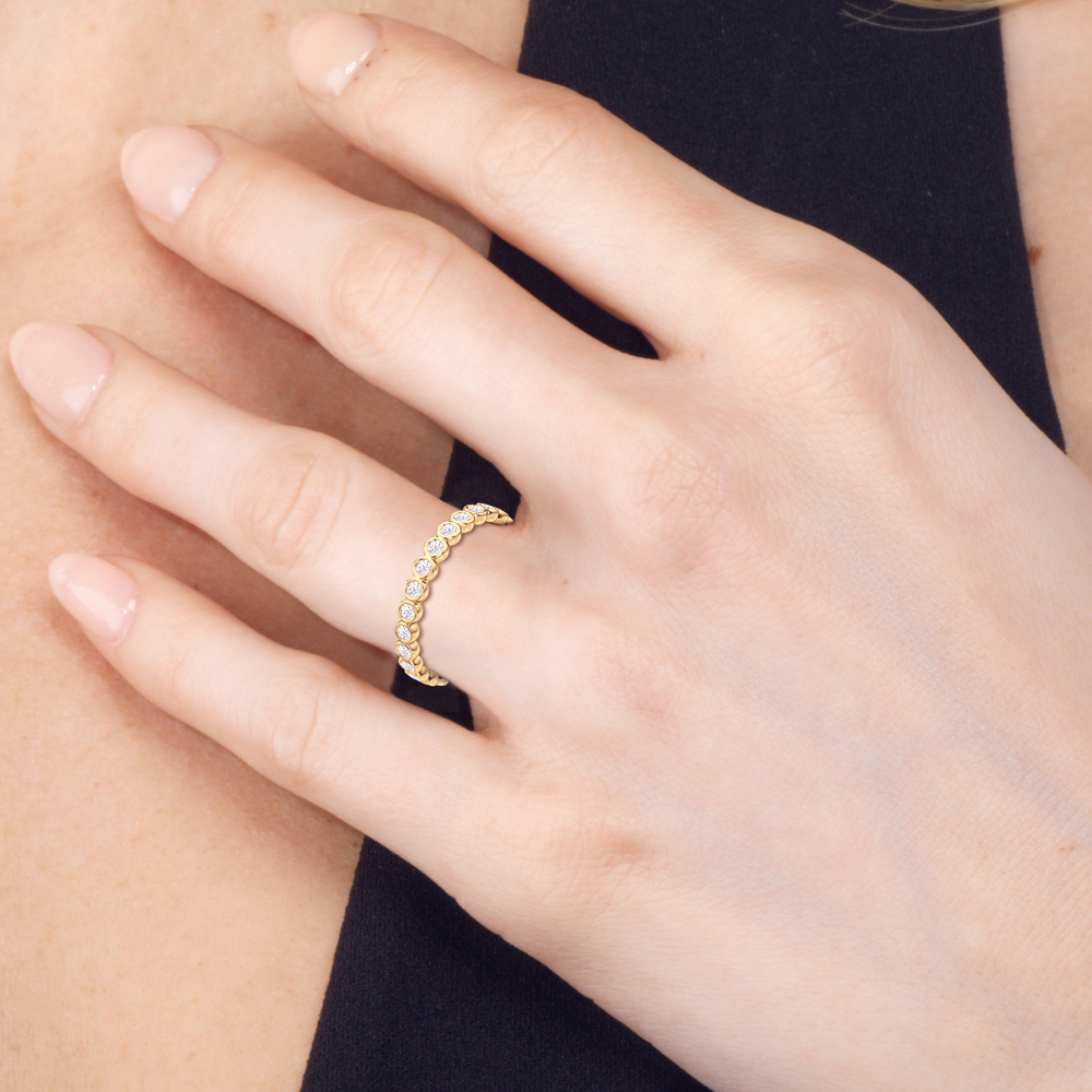 Model Wearing Luna Wide Diamond Wedding Band view