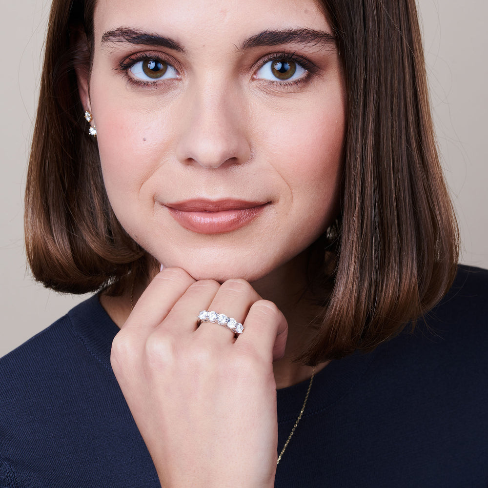 Model Wearing Five Stone Round Brilliant Cut Diamond Ring (F/G SI+) view