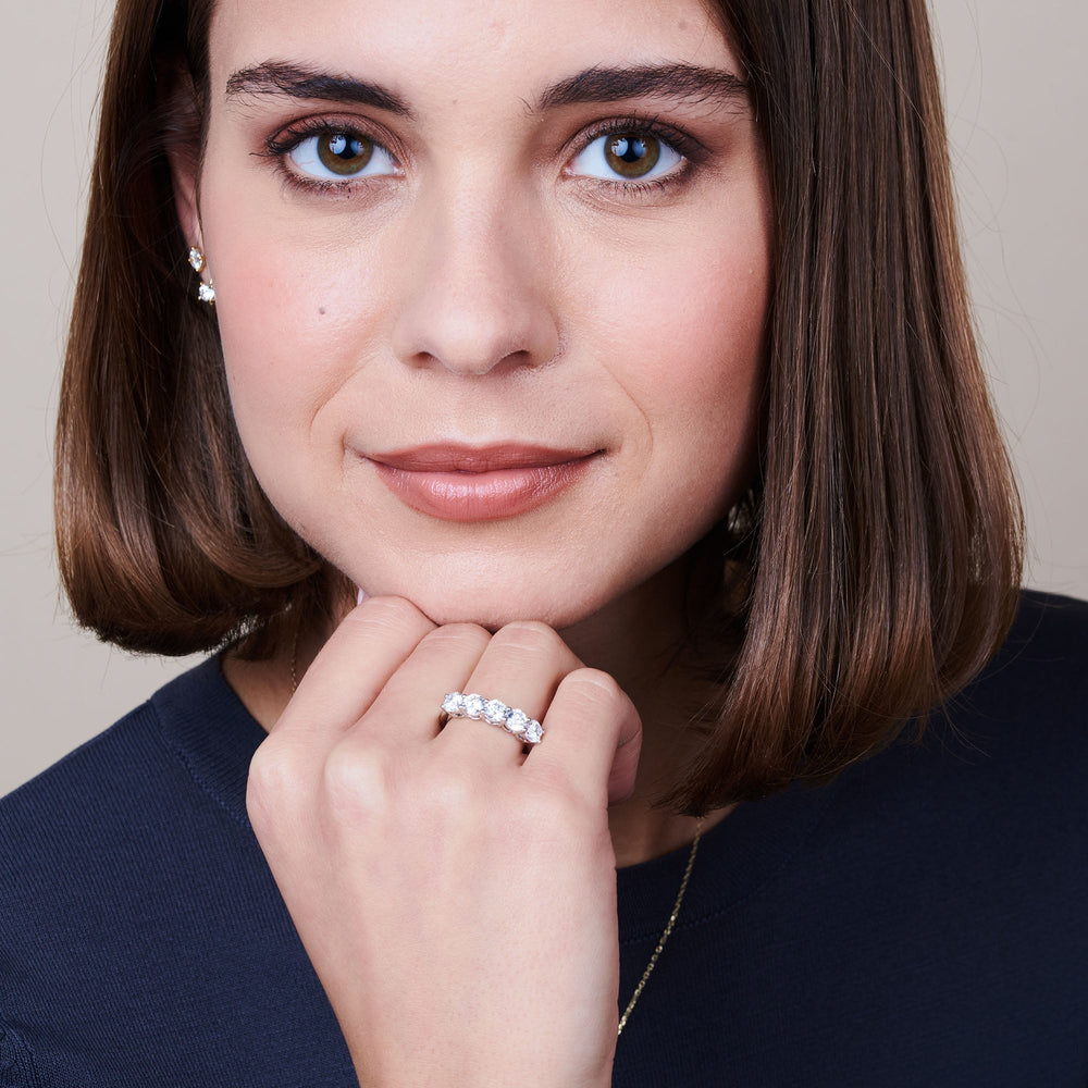 Model Wearing Five Stone Round Brilliant Cut Diamond Ring (E+ VS+) view