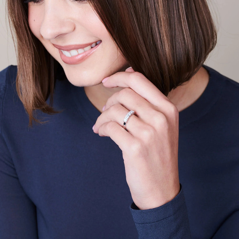 Model Wearing Five Stone Princess Cut Diamond Ring (E+ VS+) view