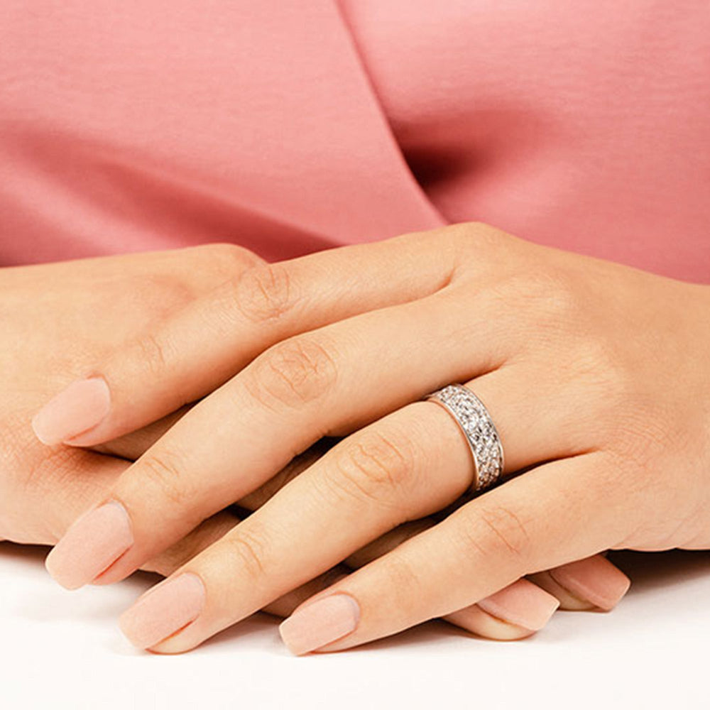 Model Wearing Double Row Channel Set Diamond Eternity Ring view